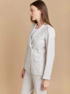 Beige Woven Cotton Striped Double-breasted Jacket<agnès b. Best Sale