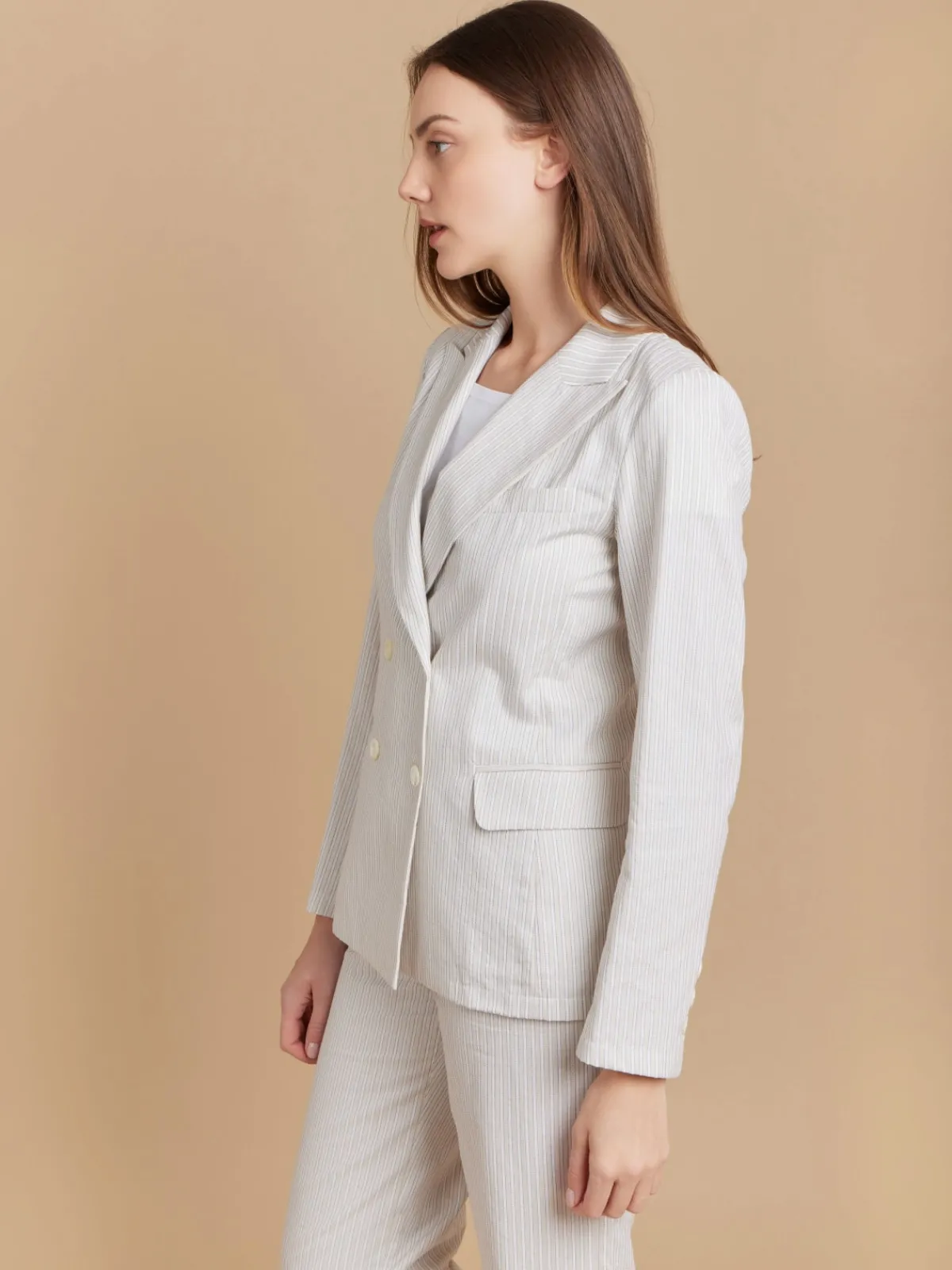 Beige Woven Cotton Striped Double-breasted Jacket<agnès b. Best Sale