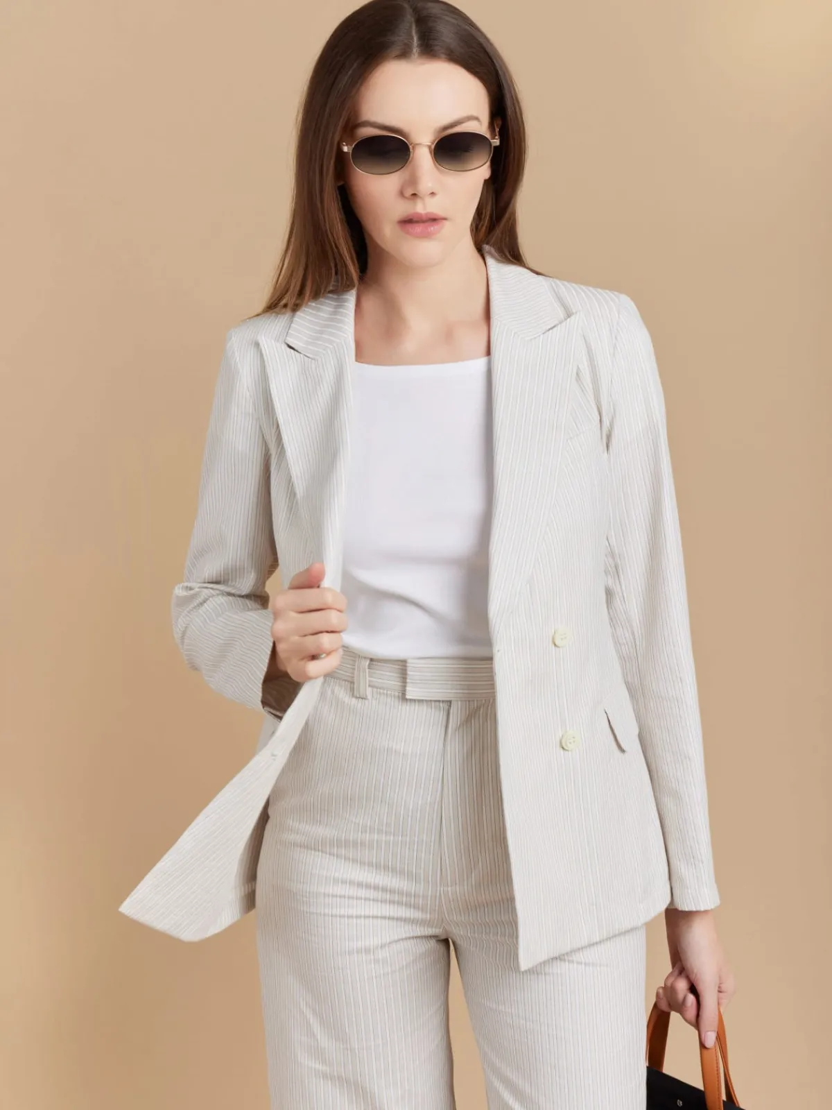 Beige Woven Cotton Striped Double-breasted Jacket<agnès b. Best Sale