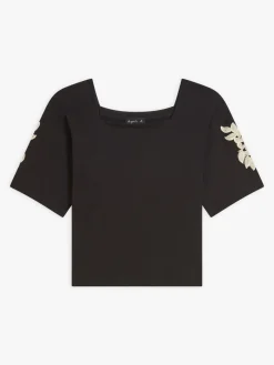 Black Cotton Elbow-length Sleeves Carré Top<agnès b. Online
