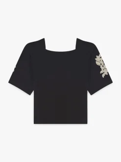 Black Cotton Elbow-length Sleeves Carré Top<agnès b. Online