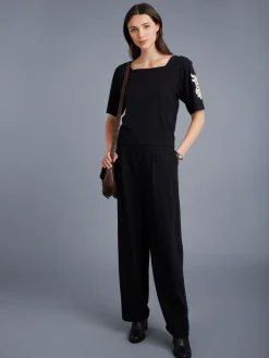 Black Cotton Elbow-length Sleeves Carré Top<agnès b. Online
