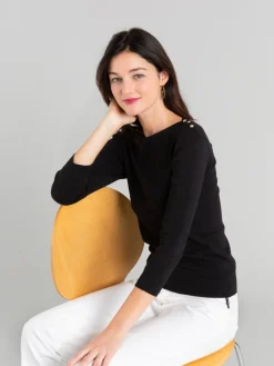 Black Cotton Knit Badiane 3/4 Sleeves T-shirt<agnès b. Outlet