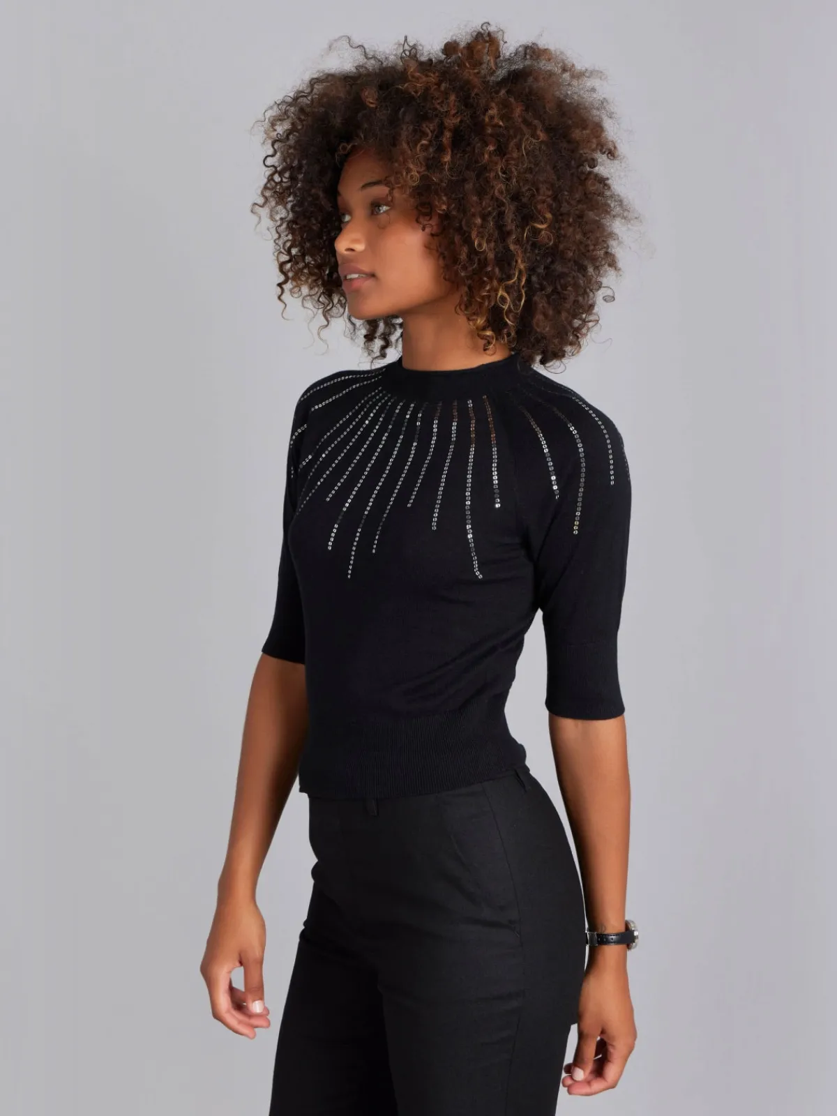 Black Elbow-length Sleeve Sequin Sweater<agnès b. Best Sale