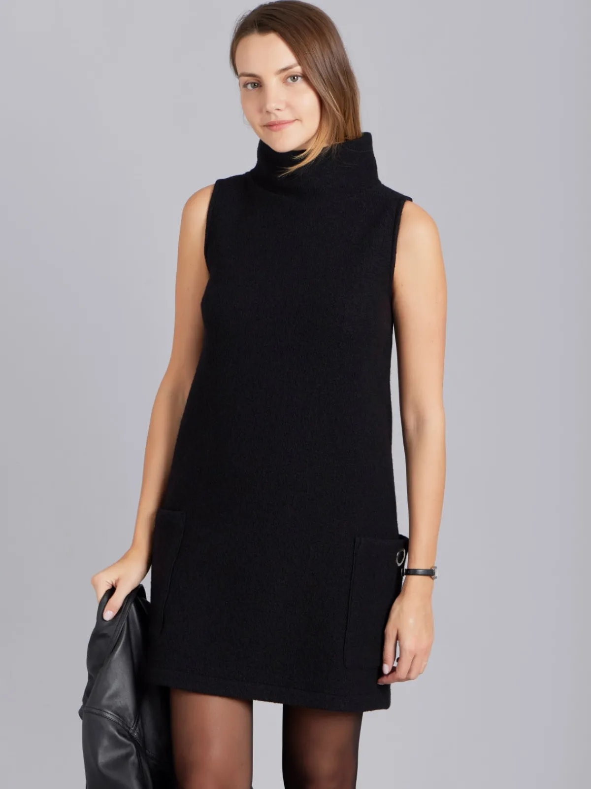 Black Merino Boiled Wool Maori Dress<agnès b. New