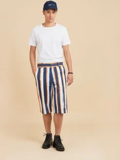 Blue Cotton Vertical Stripes Bermuda Shorts<agnès b. Fashion