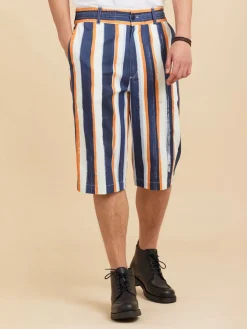 Blue Cotton Vertical Stripes Bermuda Shorts<agnès b. Fashion