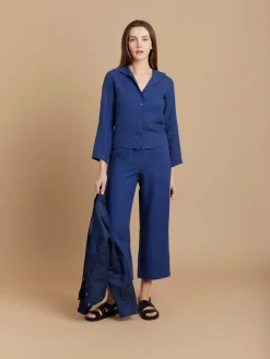 Blue Linen 3/4-sleeve Shirt<agnès b. Online