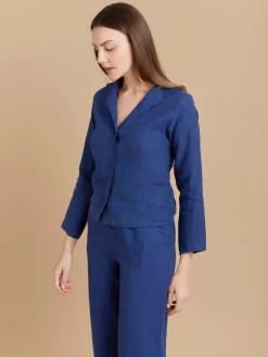 Blue Linen 3/4-sleeve Shirt<agnès b. Online