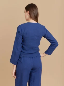 Blue Linen 3/4-sleeve Shirt<agnès b. Online