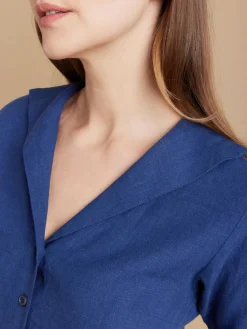 Blue Linen 3/4-sleeve Shirt<agnès b. Online