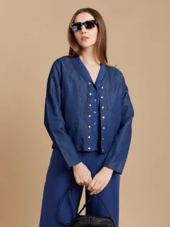 Blue Linen 3/4-sleeve Shirt<agnès b. Online