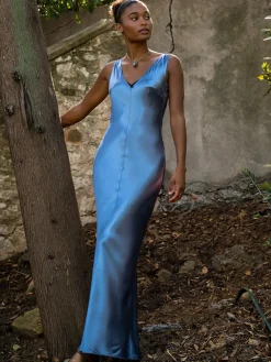 Blue Viscose Satin Long Dress<agnès b. Shop