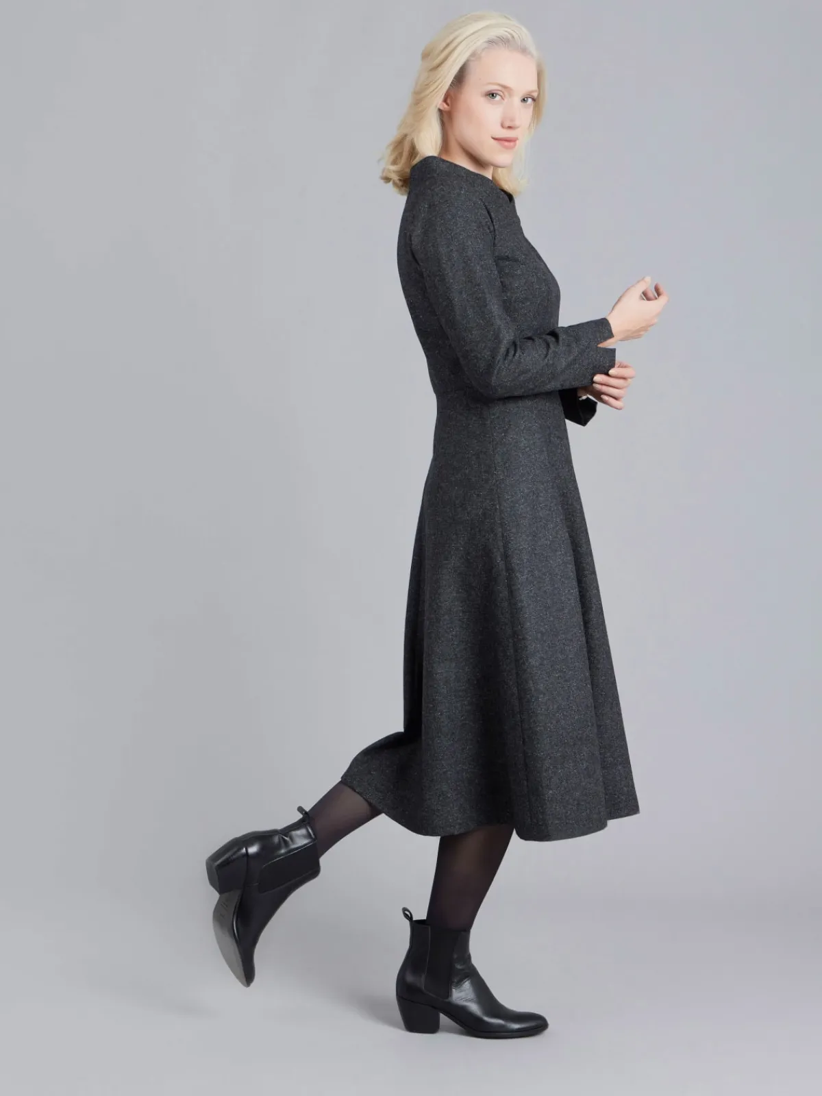 Grey Tweed Woolen Long Sleeve Dress<agnès b. Online