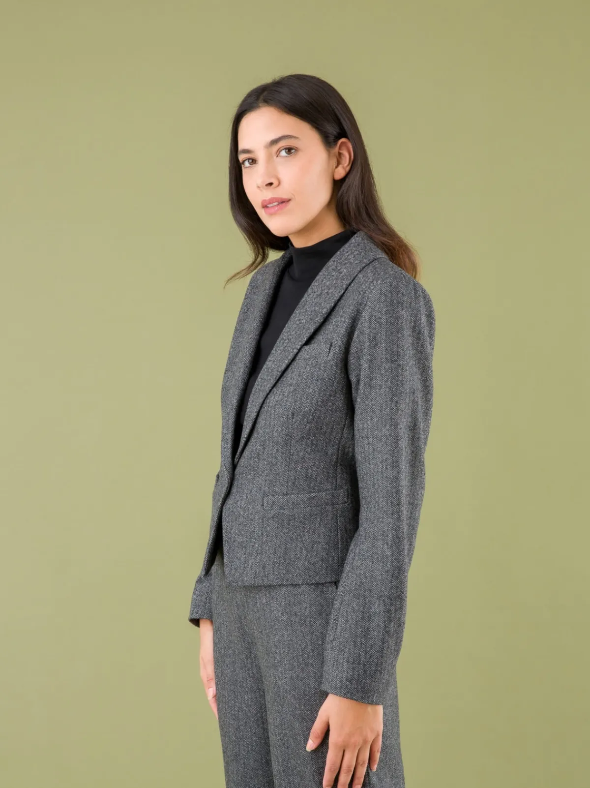 Mottled Grey Herringbone Wool Blend Jacket<agnès b. Store