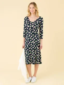 Navy Blue New Danseuse Dress With White Floral Print And 3/4 Length Sleeves<agnès b. Cheap
