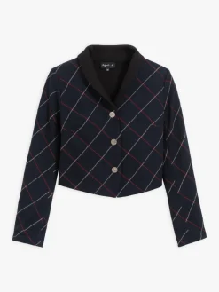 Navy Blue Wool Vile Checked Jacket<agnès b. Store
