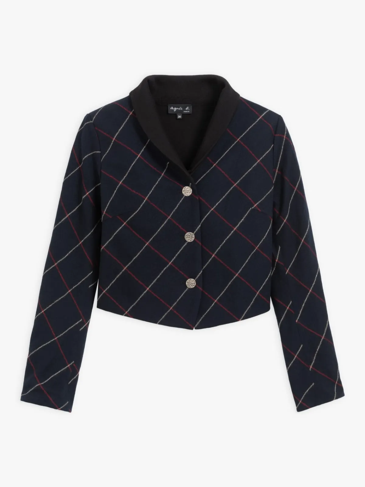 Navy Blue Wool Vile Checked Jacket<agnès b. Store