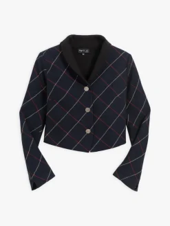 Navy Blue Wool Vile Checked Jacket<agnès b. Store