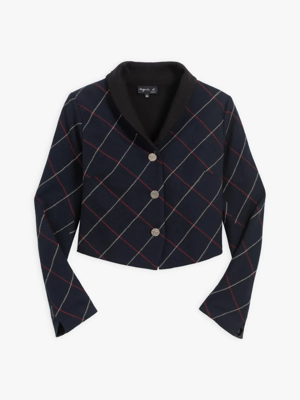 Navy Blue Wool Vile Checked Jacket<agnès b. Store
