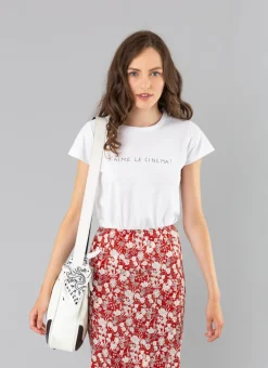 White Cotton Brando T-shirt With "J'aime Le Cinema" (I Love Cinema) Print<agnès b. Online