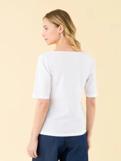 White Cotton Elbow-length Sleeves New Bow T-shirt<agnès b. Fashion
