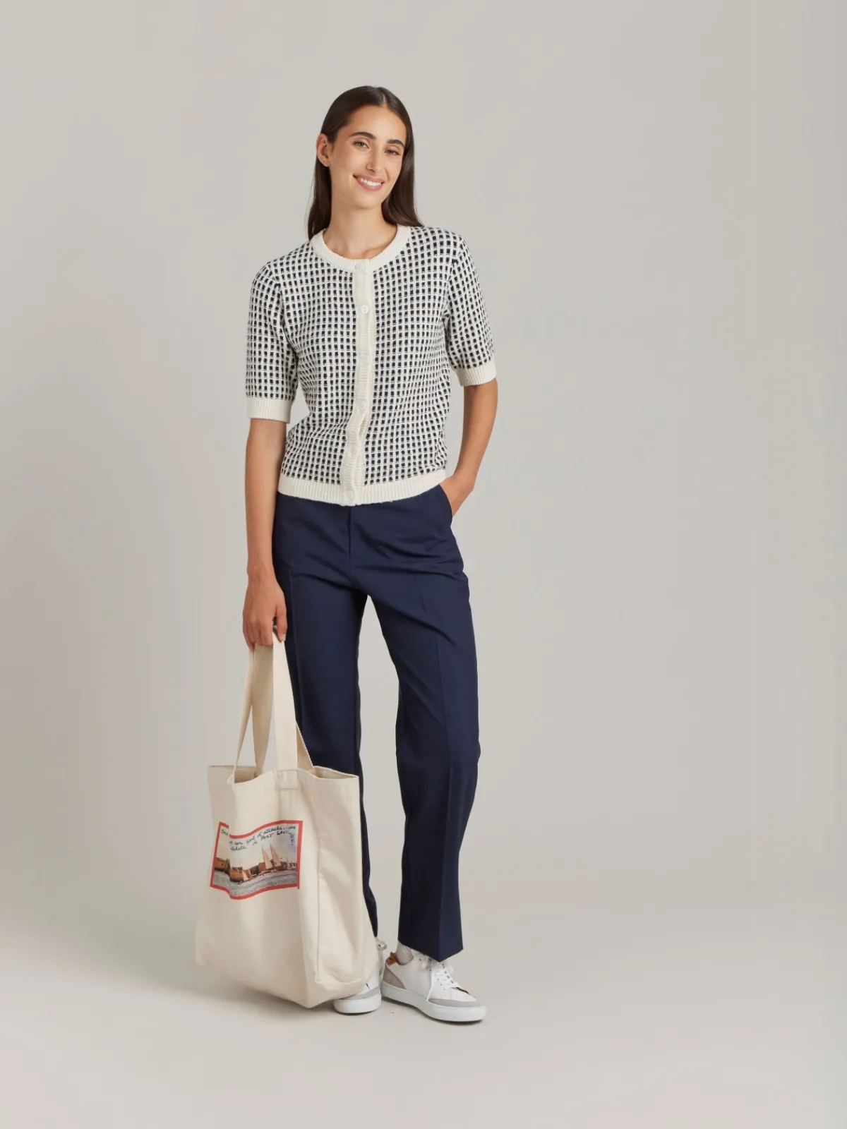 White Cotton Jacquard Poupette Cardigan<agnès b. Shop