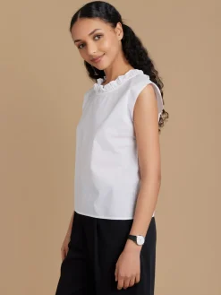 White Cotton Ruffled Neck Top<agnès b. Flash Sale